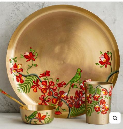 Nasima Handicrafts Polished Metal Round 3ps Tray Set, Color : Gold