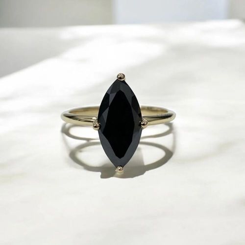 Women's 3Ct Marquise Cut Natural Black Diamond Solitaire Wedding Ring 14K Yellow Gold