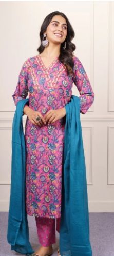 Pink and Blue Floral Cotton Kurta Dupatta Set-KS865 for Women