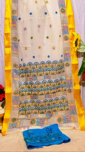 Pure Tussar Block Print Santiniketan Kantha Saree