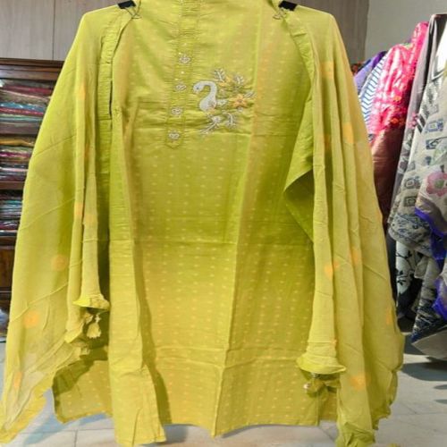 Chiffon Embroidered Cotton Green Unstitched Suit Casual Wear