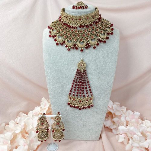 Grand Bridal Kundan & Ruby-Red Stone Choker Set with Maang Tikka and Jhumkas