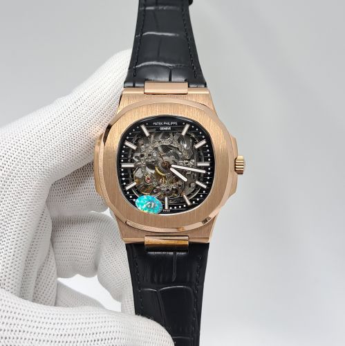 Patek Philippe Nautilus Rose Gold Black Dial Black Leather Strap Swiss Automatic Watch