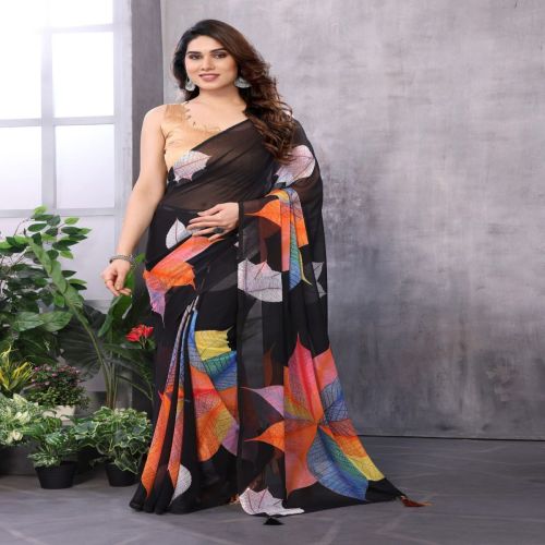 Digital Printed Pure Georgette Solid Colourblock Saree
