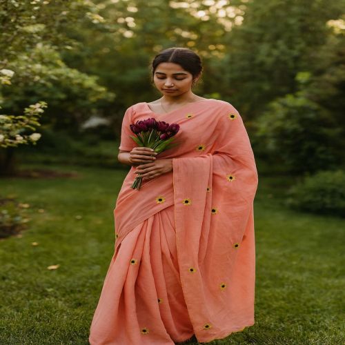 Flower Work Ladies Heavy Cotton Saree Casual Wear