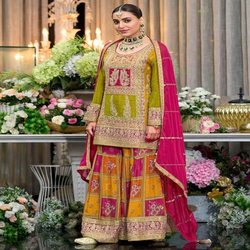 Wedding Wear Silk Pakistani Sharara Suits, Color : Red