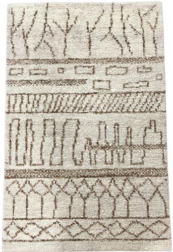 Modern Abstract Off-White and Brown Geometric Hand Tufted Wool Rug