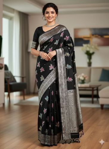 Printed Kundan Work Red Banarasi Raw Mango Soft Silk Saree