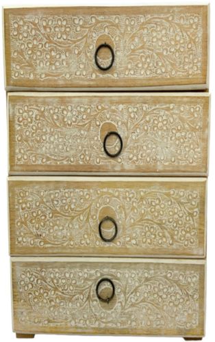 Whitewashed Rustic Polish Artisan Mango Whitewash Floral Drawer Chest