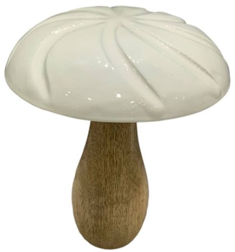 Glossy White Mushroom Sculpture with Wood Stem