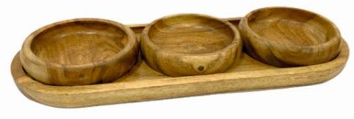 Three Bowl Mango Wood Condiment Tray Set