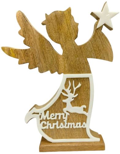 Wooden Angel Shaped Ornament with Star & Reindeer Scene