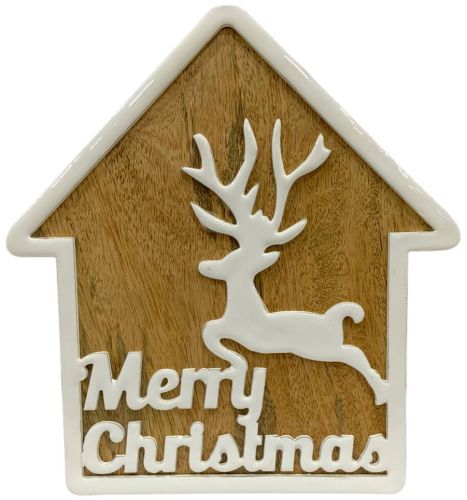 Wooden House Shaped Ornament with Reindeer & Text