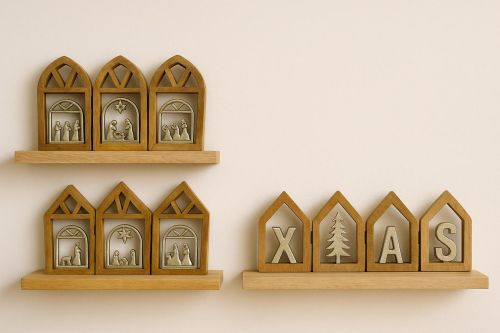 Wooden Nativity Shelf Set with House Shaped Frames