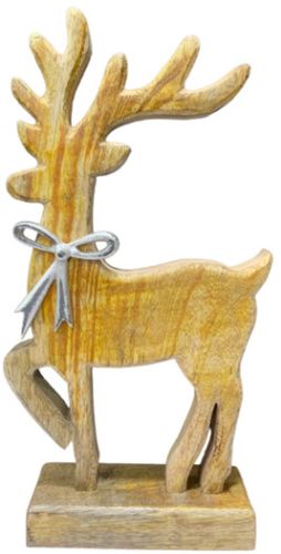 Wooden Whimsical Reindeer Sculpture with Silver Bow