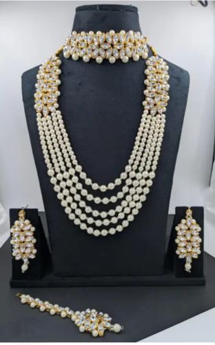 Gold-Toned Metal White Kundan & Pearl Necklace Set