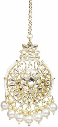 Metal Designer Pearl Drop Maang Tikka, Color : White, Gold