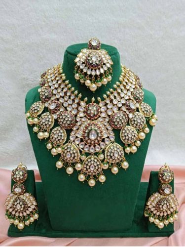 Metal Polished Heavy Kundan Polki Bridal Set, Color : Gold, White