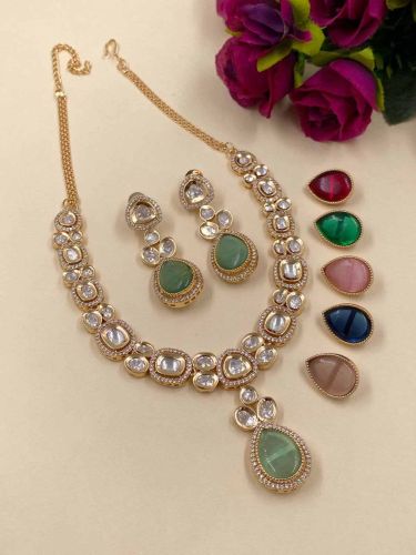 Kundan Polki Stone Necklace Set, Color : Multi-color