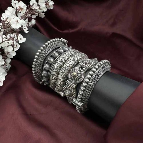 Oxidized Silver Kada Bangle Set for Casual, Partywear