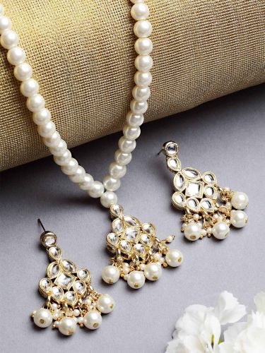 Metal Alloy Pearl Beaded Long Necklace Set Versatile