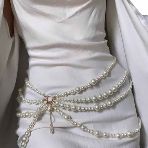 Pearl Beaded Multi Layer Waist Belt, Color : White