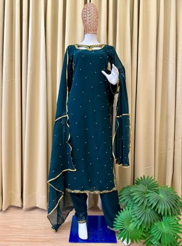 Faux Georgette Ladies Blue Party Wear Suits, Pattern : Embroidered