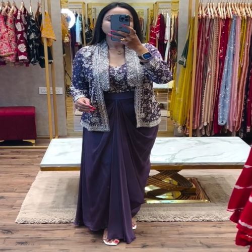 Embroidered Ladies Purple Party Wear Dress, Technics : Machine Made