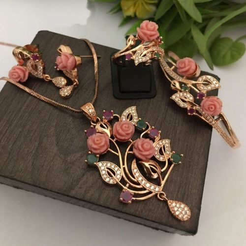 Polished Pink Stone Pendant Set Standard Party Wear