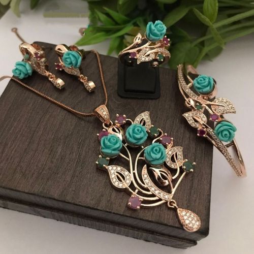 Polished Sky Blue Stone Pendant Set Standard Party Wear