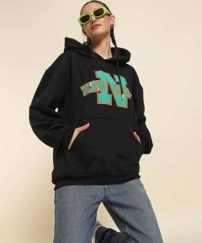 Black Poly Cotton Fleece Puff Printed Hoodie