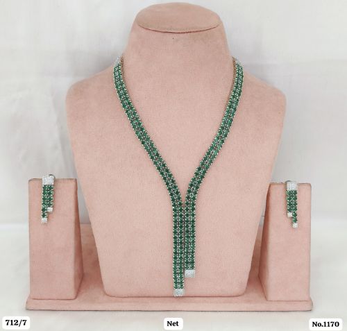 Polished Brass Designer AD Necklace Set, Color : Green, White, Pink