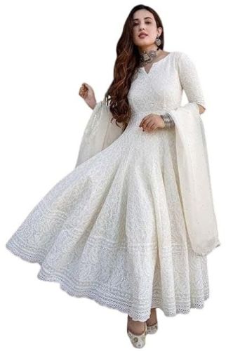 Women'S Cotton Chikankari Long Anarkali Kurti with Dupatta