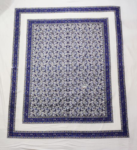 Blue & White Ethnic Floral Cotton Double Bed Sheet