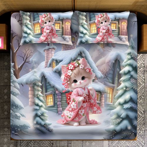 Kimono Kitten Snow Cottage Print Velvet Touch Winter Charm Bedsheet