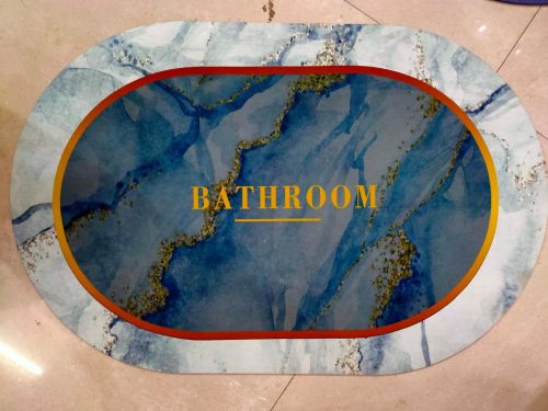 Oval Blue Marble Gloss Bathroom Floor Mat