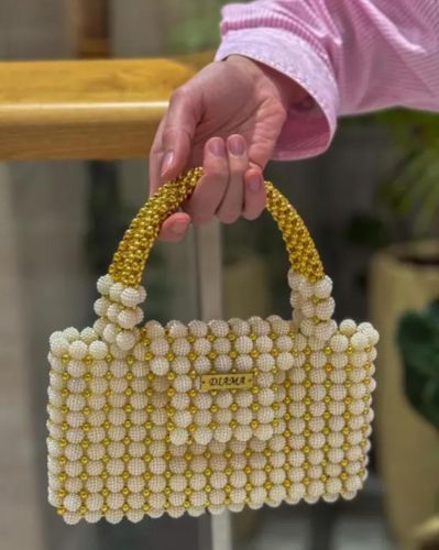 Handmade Pearl Beaded Handbag, Color : White & Gold