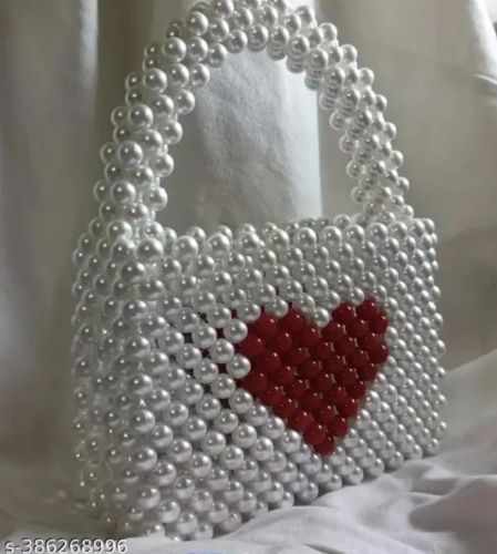 Durable Threadwork Heart Design Elegant Pearl Beaded Handbag