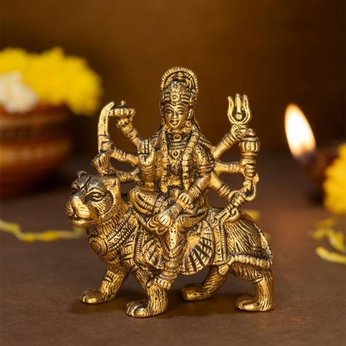 Brass Goddess Sherawali Mata Idol, Color : Golden 8 Inches
