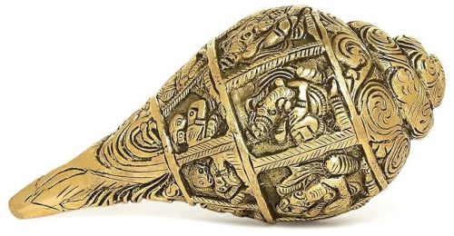 Polished Carving Brass Conch Shell Ganesha Shankh, Color : Golden