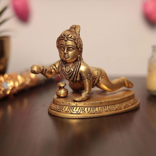 Polished Decorative Brass Laddu Gopal Murti, Color : Golden