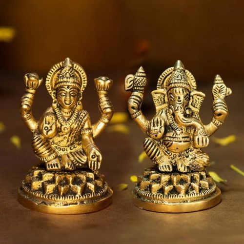 Handcrafted Brass Laxmi Ganesh Ji Statue, Color : Golden for Home Decor