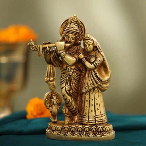 Traditional Brass Radha Krishna Statue, Color : Golden