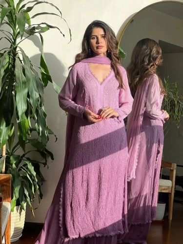 Plain Ladies Heavy Mulmul Chikankari Kurti Set Casual Wear