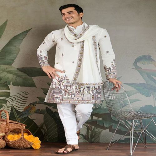Silk Mens Embroidered Kurta Pajama Party Wear