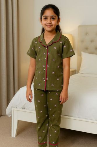 Kids Olive Green Ribbed Rainbow Print Pajama Set