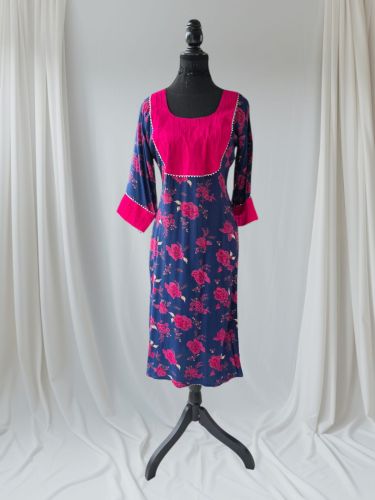Blue Pink Printed Rayon Kurti