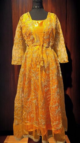 Cotton Orange Embroidered Ladies Kurti Set Free Size