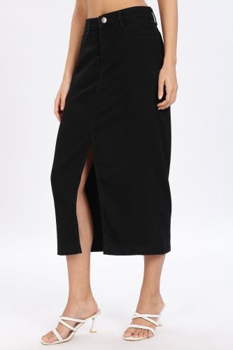 Denim Plain Ladies Black Stretchable Pencil Skirt Long 26 to 34