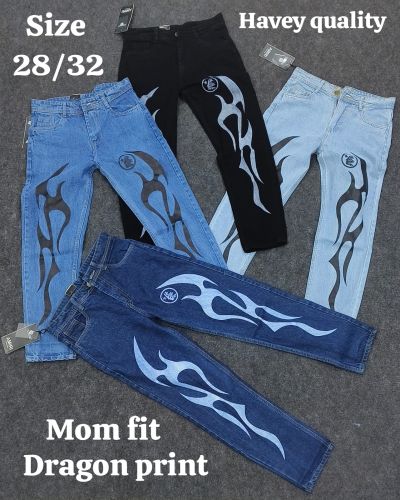 Unisex Mom Fit Dragon Print Denim Jeans